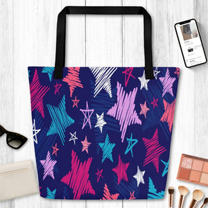 Multicolored Printed Star Drawing Large Tote Bag, Weekender Tote/ Hospital Bag/