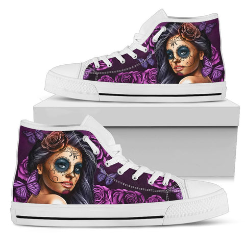 Image of Multicolored Purple Calavera High Tops Sneaker,Multi Colored,High Quality,Handmade Crafted,Streetwear,All Star,Custom Shoes,Womens High Top