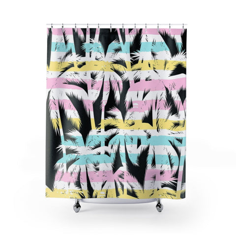 Image of Multicolored Stripe Tropical Palm Tree Pink And Blue Colorful Shower Curtains,
