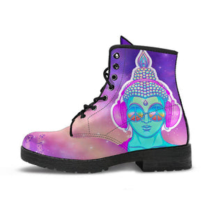 Purple Music Note Buddha Women's Vegan Leather Ankle Boots, Handcrafted Festival
