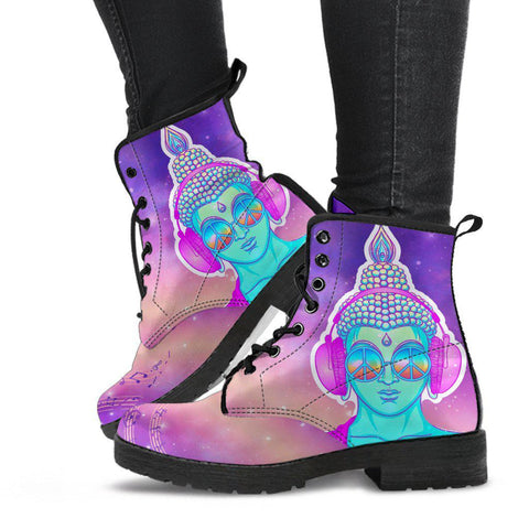 Image of Purple Music Note Buddha Women's Vegan Leather Ankle Boots, Handcrafted Festival