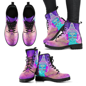 Purple Music Note Buddha Women's Vegan Leather Ankle Boots, Handcrafted Festival