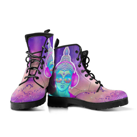 Image of Purple Music Note Buddha Women's Vegan Leather Ankle Boots, Handcrafted Festival