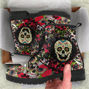 Women’s Vegan Leather Boots , Sugar Skulls Roses Floral Flowers Cosmos