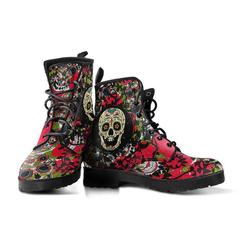 Image of Women’s Vegan Leather Boots , Sugar Skulls Roses Floral Flowers Cosmos