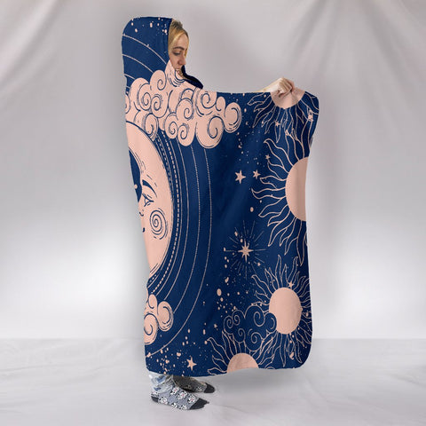 Image of Mystical Crescent Sun And Moon Blue And Pink Blanket,Sherpa Blanket,Bright Colorful, Hooded blanket,Blanket with Hood,Soft Blanket,Hippie