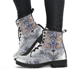 Grey Wolf Mandala Women's Vegan Leather Boots, Fashion Shoes, Spiritual