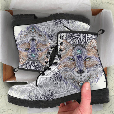 Image of Grey Wolf Mandala Women's Vegan Leather Boots, Fashion Shoes, Spiritual