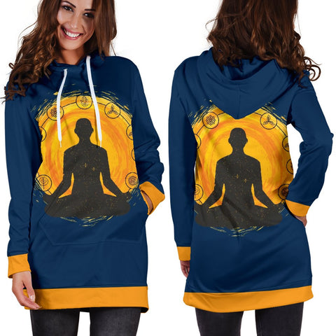 Image of Navy And Yellow Meditating Yogi Custom Made,Womens Hoodie Dress,Custom Printed,Woman Girl Gift,Long Hoodie Jumper,Dresses Sweatshirt