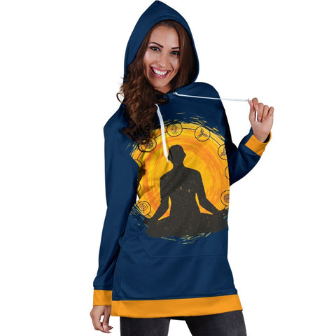 Image of Navy And Yellow Meditating Yogi Custom Made,Womens Hoodie Dress,Custom Printed,Woman Girl Gift,Long Hoodie Jumper,Dresses Sweatshirt