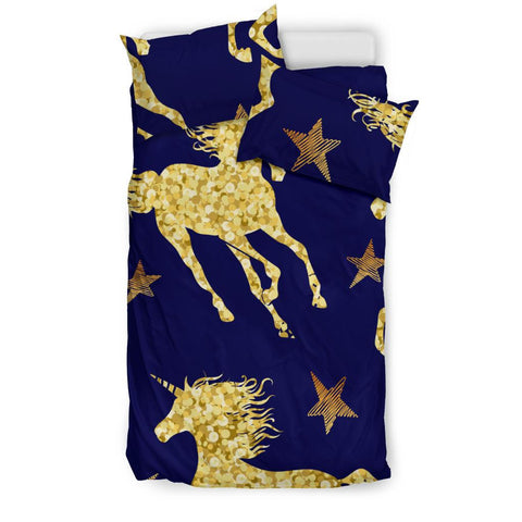 Image of Navy Blue And Gold Star Unicorn Bedding Set, Doona Cover, Dorm Room College, Bed Room,Twin Duvet Cover,Multi Colored,Quilt Cover,Bedroom Set