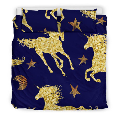 Image of Navy Blue And Gold Star Unicorn Bedding Set, Doona Cover, Dorm Room College, Bed Room,Twin Duvet Cover,Multi Colored,Quilt Cover,Bedroom Set