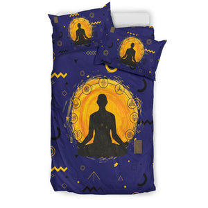 Navy Blue And Yellow Meditating Yogi Bedding Coverlet, Twin Duvet Cover,Multi Colored,Quilt Cover,Bedroom Set,Bedding Set,Pillow Cases
