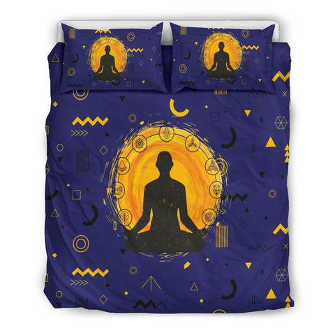 Image of Navy Blue And Yellow Meditating Yogi Bedding Coverlet, Twin Duvet Cover,Multi Colored,Quilt Cover,Bedroom Set,Bedding Set,Pillow Cases