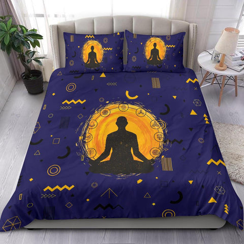 Image of Navy Blue And Yellow Meditating Yogi Bedding Coverlet, Twin Duvet Cover,Multi Colored,Quilt Cover,Bedroom Set,Bedding Set,Pillow Cases