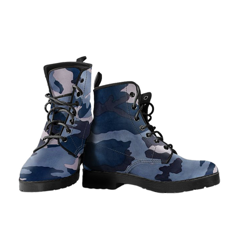 Image of Navy Blue Camo Boho Chic Women's Boots , Vegan Leather Ankle Boots, Handcrafted,