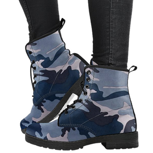 Navy Blue Camo Boho Chic Women's Boots , Vegan Leather Ankle Boots, Handcrafted,