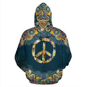 Navy Colorful Peace Feather Hippie Hoodie,Custom Hoodie, Fashion Wear,Fashion Clothes,Handmade Hoodie,Floral,Pullover Hoodie