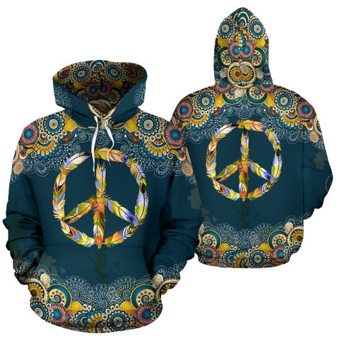 Image of Navy Colorful Peace Feather Hippie Hoodie,Custom Hoodie, Fashion Wear,Fashion Clothes,Handmade Hoodie,Floral,Pullover Hoodie