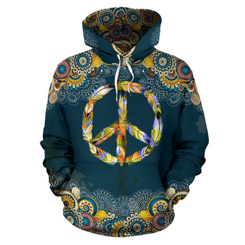 Image of Navy Colorful Peace Feather Hippie Hoodie,Custom Hoodie, Fashion Wear,Fashion Clothes,Handmade Hoodie,Floral,Pullover Hoodie