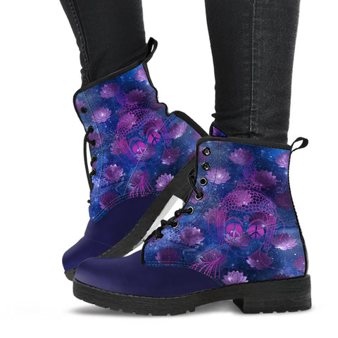 Image of Navy Galaxy Lotus Women's Vegan Leather Boots, Hippie Streetwear,