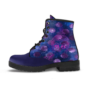 Navy Galaxy Lotus Women's Vegan Leather Boots, Hippie Streetwear,