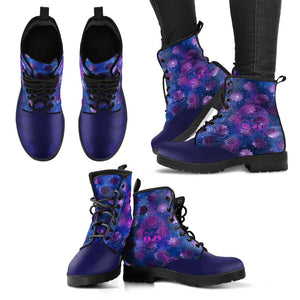 Navy Galaxy Lotus Women's Vegan Leather Boots, Hippie Streetwear,
