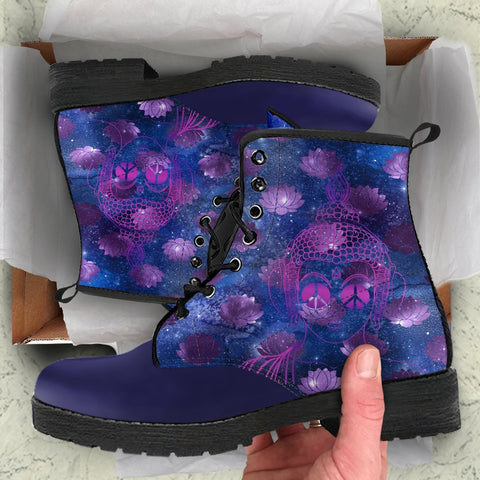 Image of Navy Galaxy Lotus Women's Vegan Leather Boots, Hippie Streetwear,