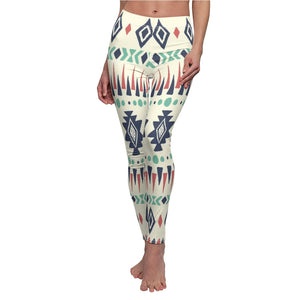 Navy Mint Multicolored Tribal Print Ethnic Women's Cut & Sew Casual Leggings,