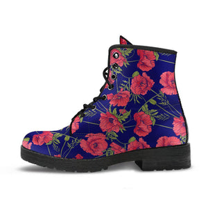 Blue Poppy Roses Floral Women's Vegan Leather Ankle Boots, Handcrafted, Festival Wear, Bohemian Style, Ethical Fashion, Comfortable