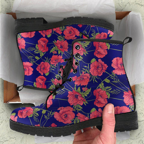 Image of Blue Poppy Roses Floral Women's Vegan Leather Ankle Boots, Handcrafted, Festival Wear, Bohemian Style, Ethical Fashion, Comfortable