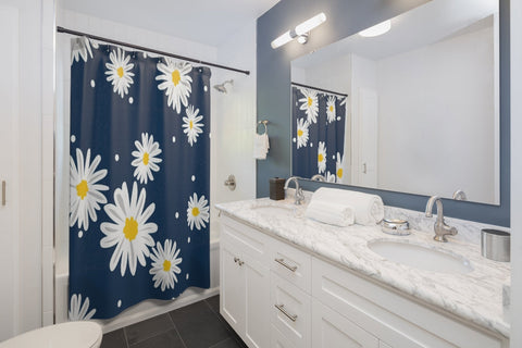 Image of Navy & White Daisy Polka Dot Shower Curtains, Water Proof Bath Decor | Spa |