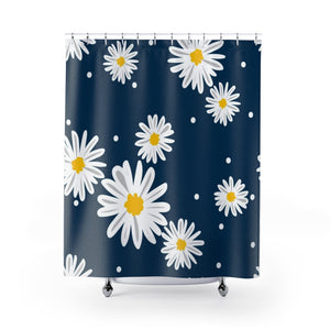 Navy & White Daisy Polka Dot Shower Curtains, Water Proof Bath Decor | Spa |