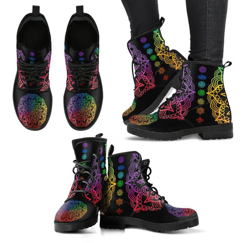 Image of Women's Colorful Chakra Mandalas Vegan Leather Boots , Handcrafted Ankle Boots ,