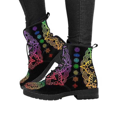 Image of Women's Colorful Chakra Mandalas Vegan Leather Boots , Handcrafted Ankle Boots ,