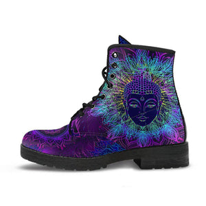 Purple Buddha Women's Vegan Leather Boots, Handcrafted Spiritual Footwear, Unique Design, Custom Fashion Shoes