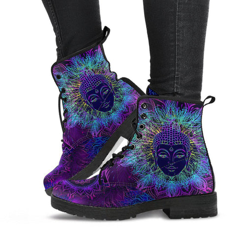 Image of Purple Buddha Women's Vegan Leather Boots, Handcrafted Spiritual Footwear, Unique Design, Custom Fashion Shoes