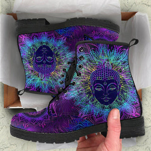 Purple Buddha Women's Vegan Leather Boots, Handcrafted Spiritual Footwear, Unique Design, Custom Fashion Shoes