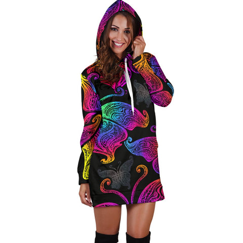 Image of Neon Colorful Butterfly Colorful Dress, Spiritual, Girlfriend Daughter, Hippie, Dresses Sweatshirt, Pullover Long Dress, Gift Custom Made