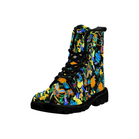 Image of Neon Colorful Flowers Womens Boot , Combat Style Boots, Custom Boots,Boho Chic Boots