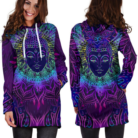 Image of Neon Colorful Lotus Buddha Dresses Sweatshirt, Pullover Long Dress, Custom Made,Womens Hoodie Dress,Custom Printed,Woman Girl Gift