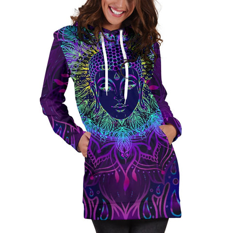 Image of Neon Colorful Lotus Buddha Dresses Sweatshirt, Pullover Long Dress, Custom Made,Womens Hoodie Dress,Custom Printed,Woman Girl Gift