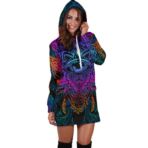 Image of Neon Colorful Lotus Eye,Sun, Hoodie Dress, Sweatshirt, Pullover Long Dress, Custom Made,Womens Hoodie Dress,Custom Printed,Woman Girl Gift