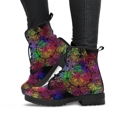 Image of Colorful Vintage Mandala Women's Vegan Leather Boots, Rain Shoes,
