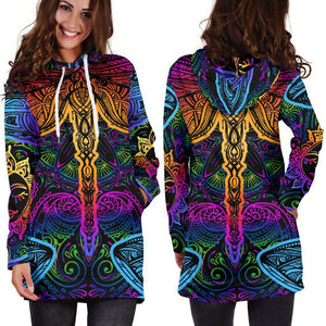 Neon Colorful Paisley Dragonfly Dresses Sweatshirt, Pullover Long Dress, Spiritual, Hippie, Custom Made,Womens Hoodie Dress,Custom Printed