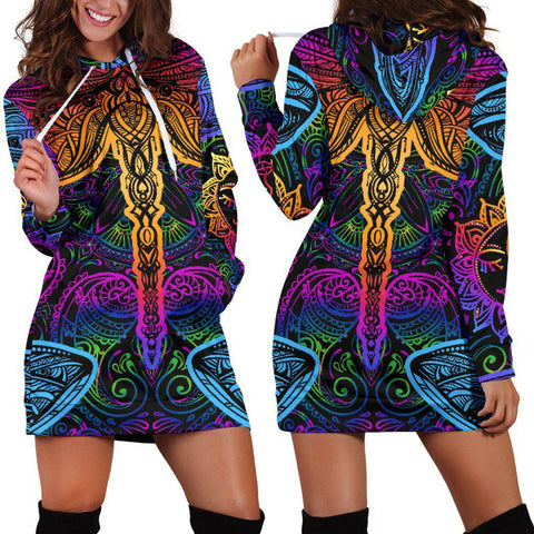 Image of Neon Colorful Paisley Dragonfly Dresses Sweatshirt, Pullover Long Dress, Spiritual, Hippie, Custom Made,Womens Hoodie Dress,Custom Printed