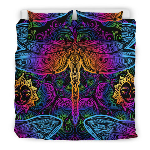 Image of Neon Colorful Sun Dragonfly Bed Set, Printed Duvet Cover, Twin Duvet Cover,Multi Colored,Quilt Cover,Bedroom Set,Bedding Set,Pillow Cases