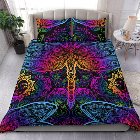 Image of Neon Colorful Sun Dragonfly Bed Set, Printed Duvet Cover, Twin Duvet Cover,Multi Colored,Quilt Cover,Bedroom Set,Bedding Set,Pillow Cases