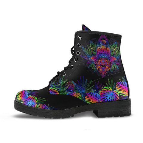 Image of Purple Black Hamsa Women's Vegan Boots, Neon Colorful Hippie Combat Shoes, Handmade Spiritual Fashion Footwear