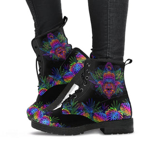 Purple Black Hamsa Women's Vegan Boots, Neon Colorful Hippie Combat Shoes, Handmade Spiritual Fashion Footwear